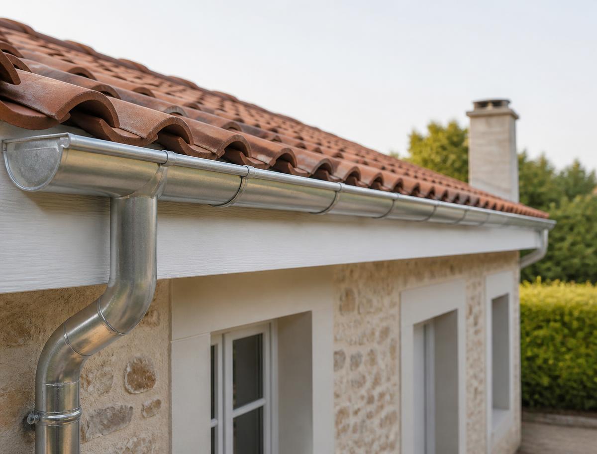 Gouttière en zinc et tuiles neuves sur une maison rénovée